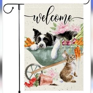 New Wrendale 'Welcome' Garden Flag with Sleeping Border Collie & Rabbit Design